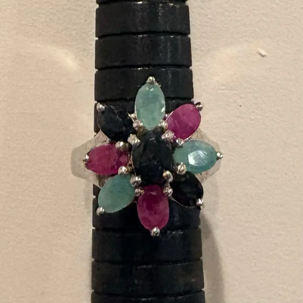 Sterling Silver, Sapphire, Emerald and Ruby Flower Ring Size 6.5 Vintage